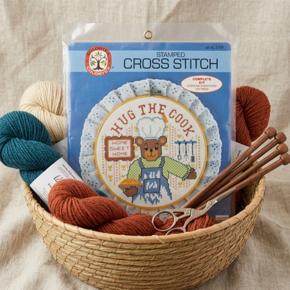 Vintage 1986 Colortex “Hug the Cook” Bear Stamped Cross Stitch Kit – Sealed